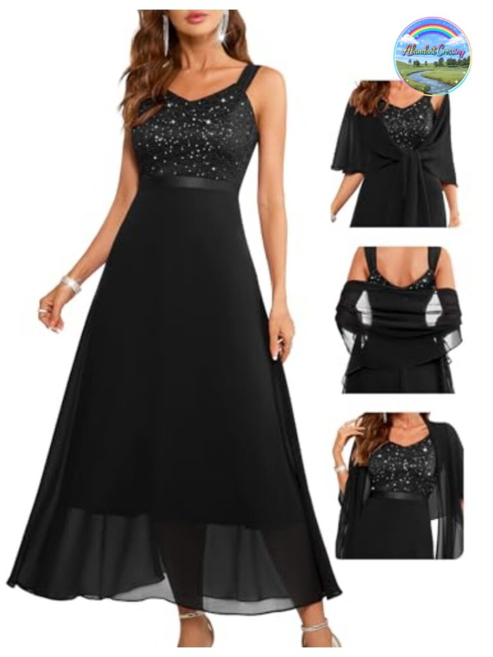 Sequin Lace Formal Evening Dress with Chiffon Shawl Maxi
